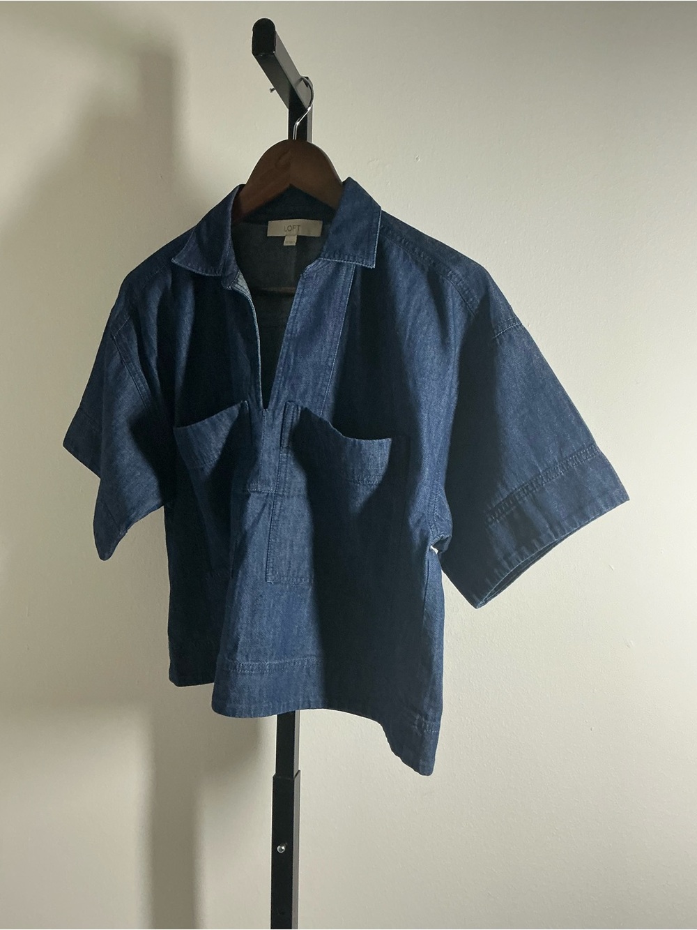 LOFT | 100% Cotton Short-Sleeve Cropped Denim Popover Shirt